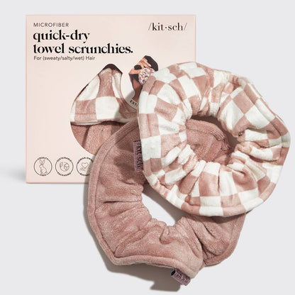 KITSCH - Microfiber Quick-Dry Towel Scrunchie 2PC- Terracotta Checker